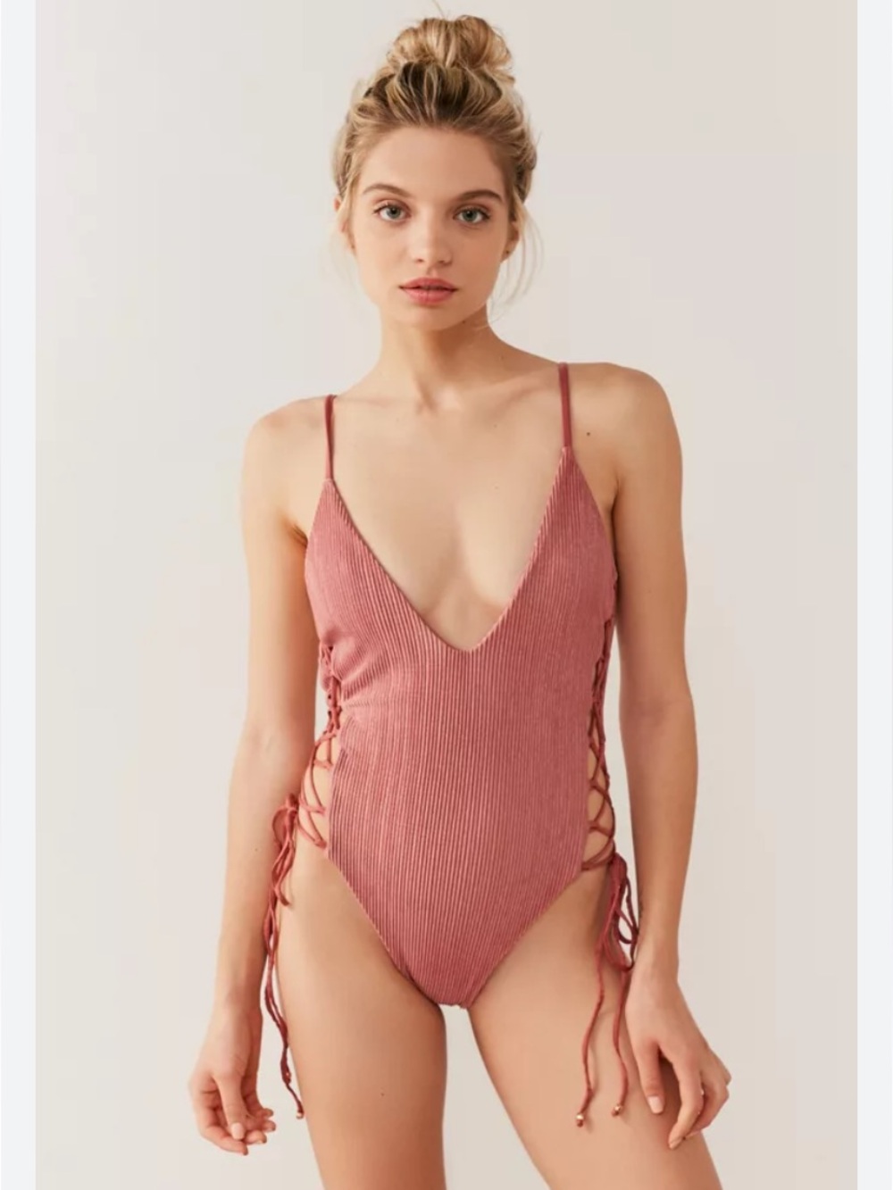 Blue Life Mermaid Ribbed Lace Up One Piece Swimsuit Mauve Pink XS Boho